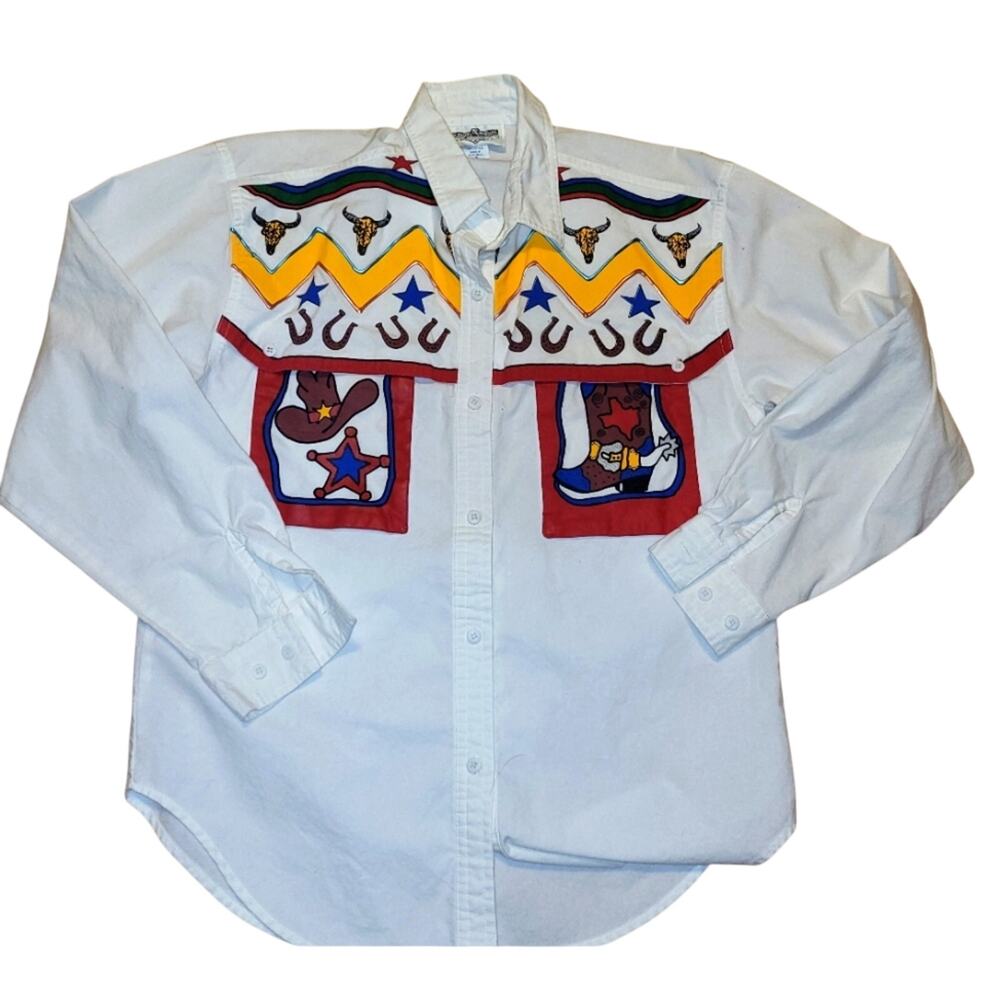 Vtg Mens Western Cowboy Puff Paint Shirt Rodeo Art To Wear Texas Country Fun M